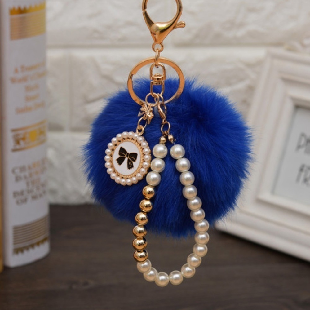 *OKSANA* Blue Pom x Pearl Fashion Keychain Ring